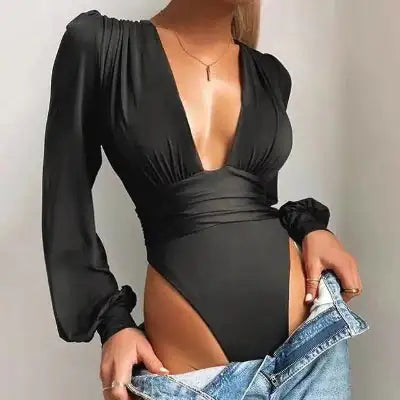 Plunging Neck Lantern Sleeve Bodysuit