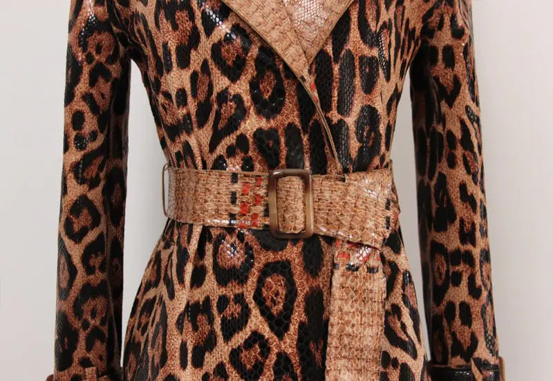 Leopard Print PU Leather Trench Coat