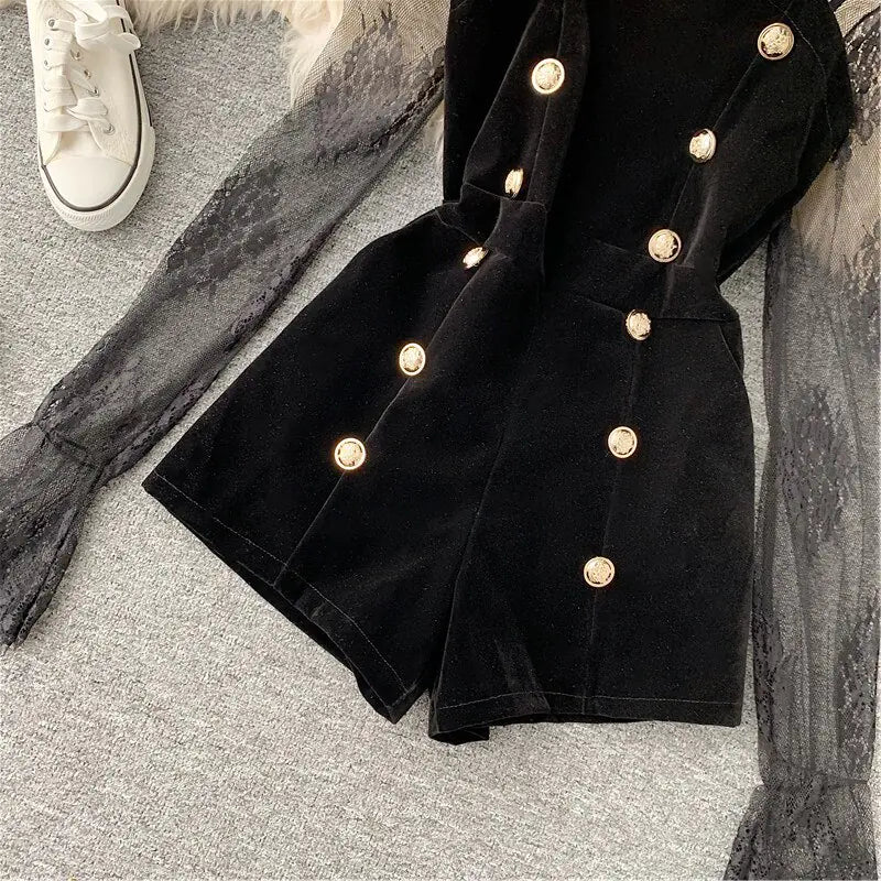 Lace Patchwork Long Sleeve Shorts Jumpsuit