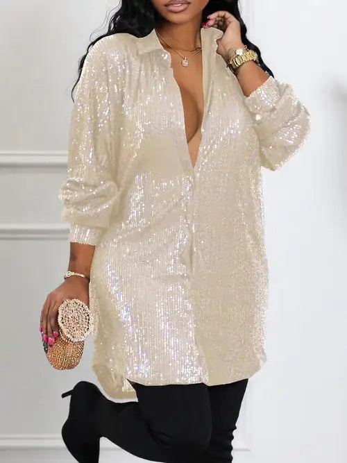 Sequin Long Sleeve Shirt Dress