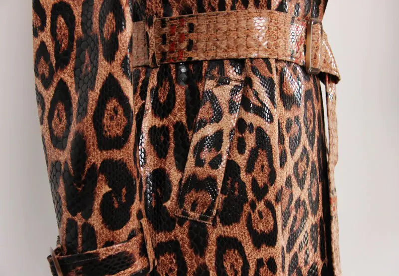 Leopard Print PU Leather Trench Coat