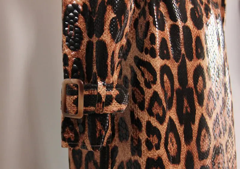 Leopard Print PU Leather Trench Coat