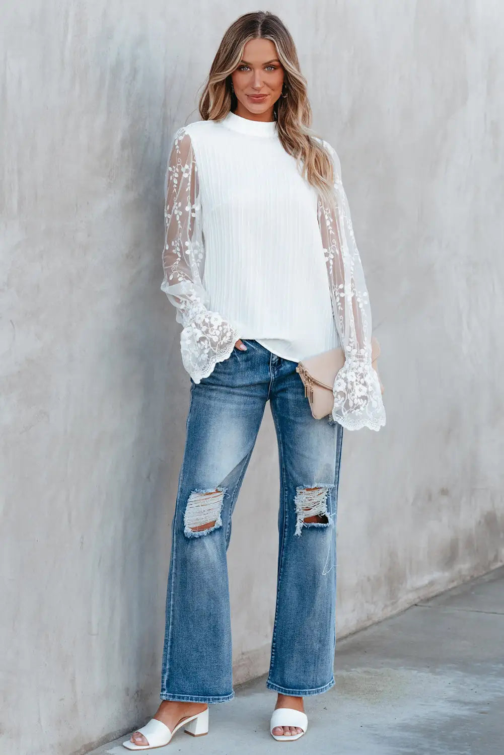 Embroidered Lace Mesh Long Sleeve Blouse