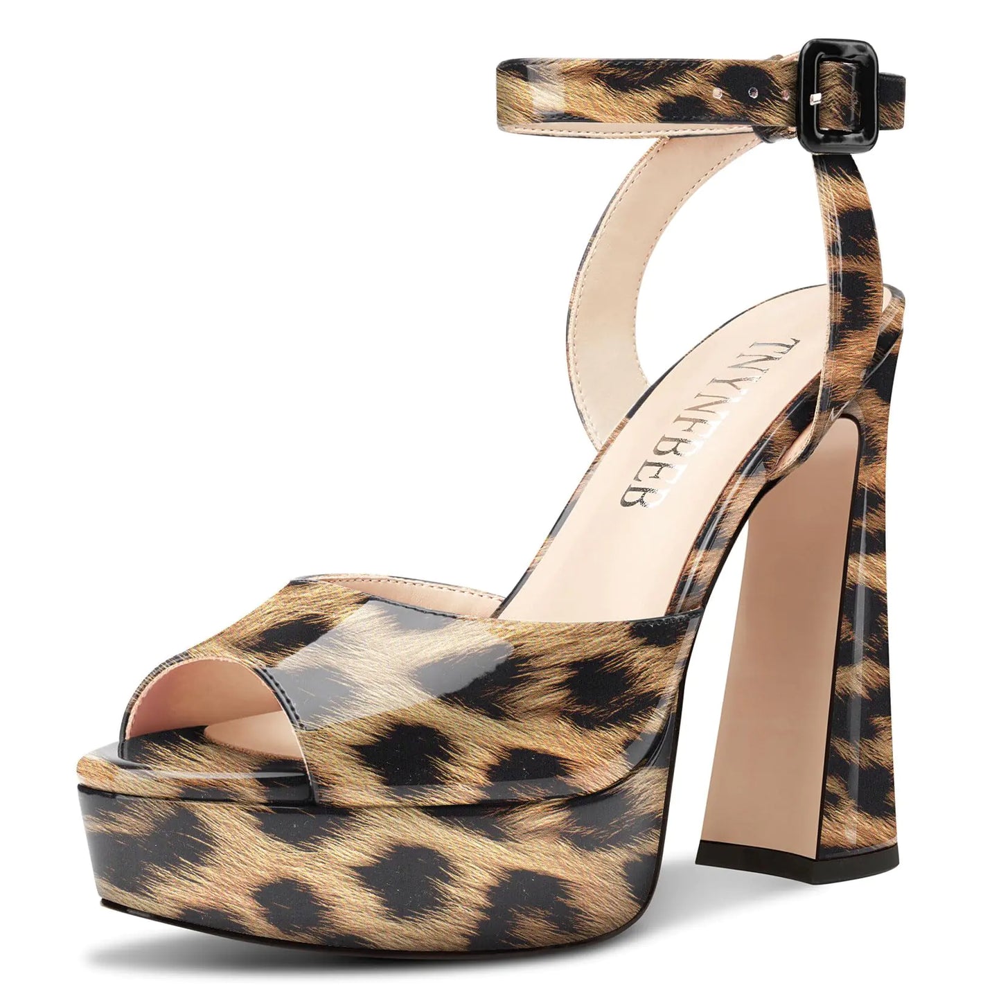 Leopard Print Chunky Platform Heel Peep Open Toe Ankle Strap Buckle Patent Leather High Heel Shoes